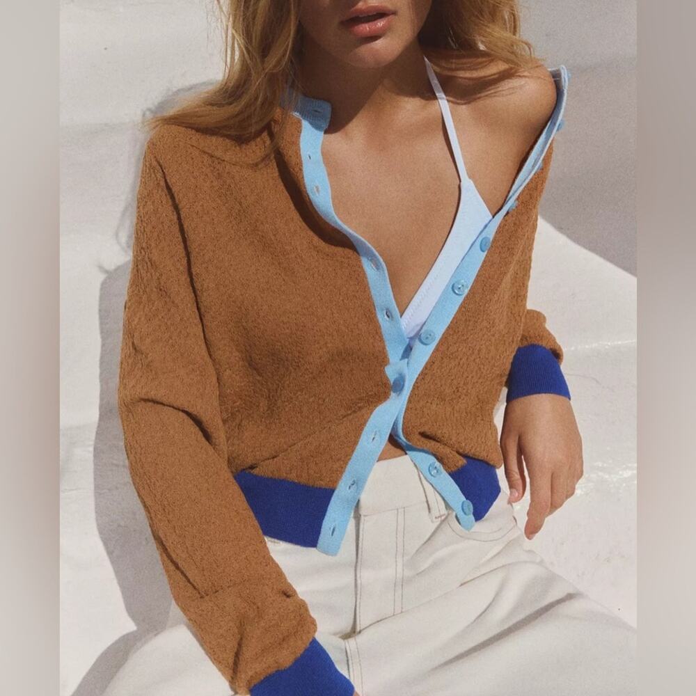 NWT-Zara Brown Knit Cardigan with Blue Buttons